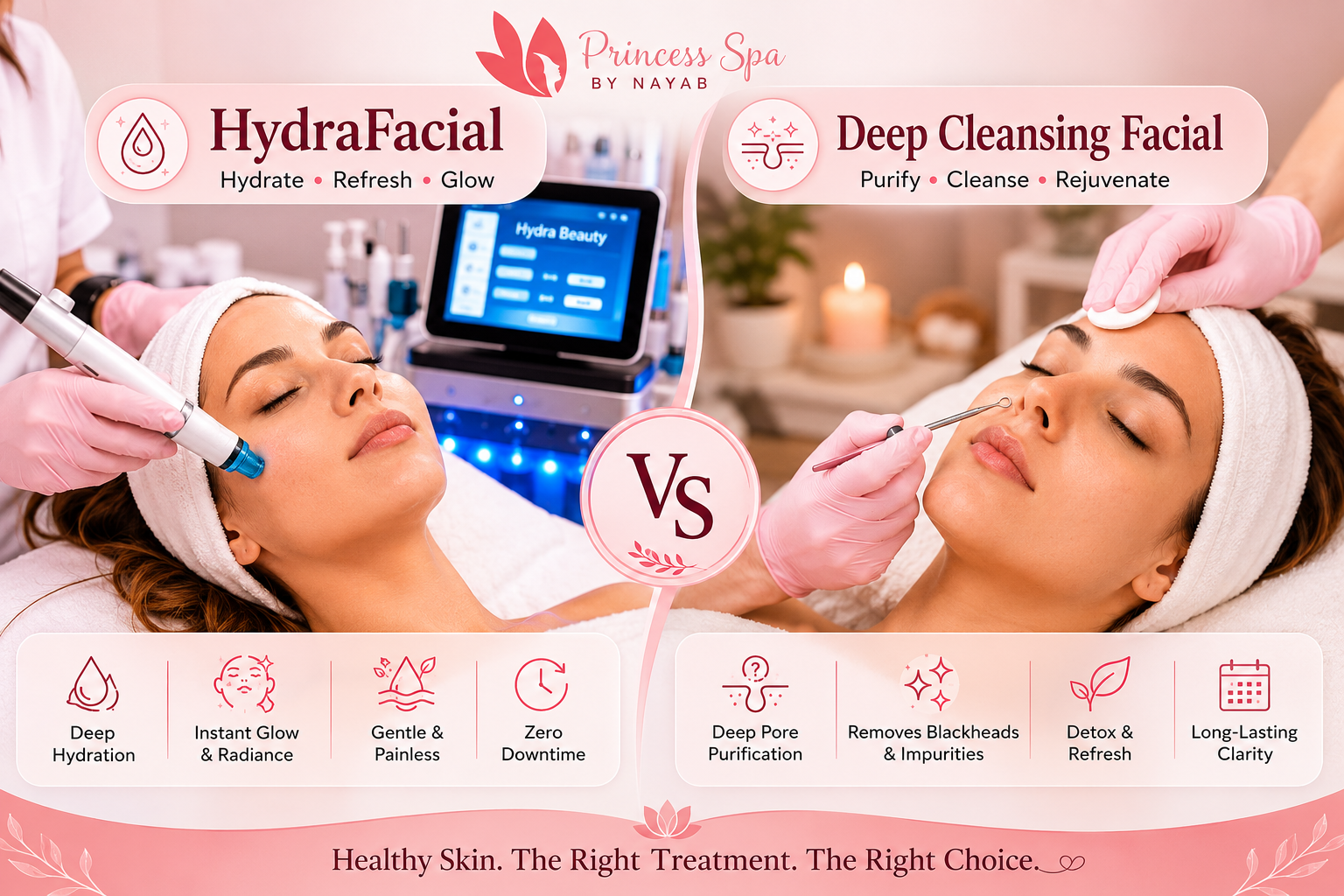 hydrafacial vs deep cleansing facial banner images.