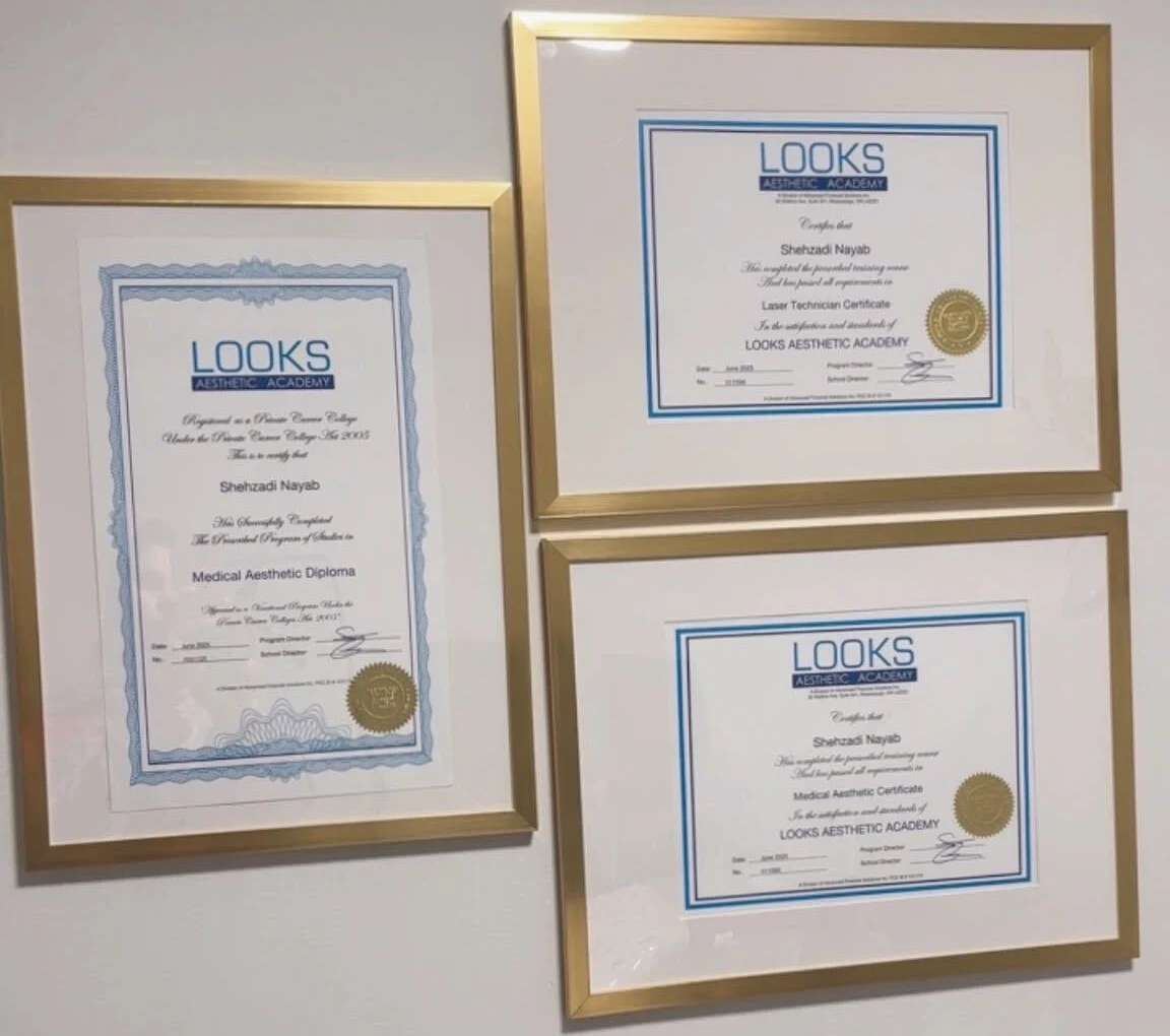 Shehzadi Nayab Medical Aesthetic Diploma, Medical Aesthetic Certificate and Laser Technician Certificate from Looks Aesthetic Academy